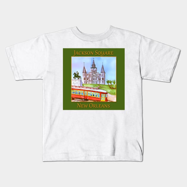 St. Louis Cathedral, and street car as seen in Jackson Square New Orleans Kids T-Shirt by WelshDesigns